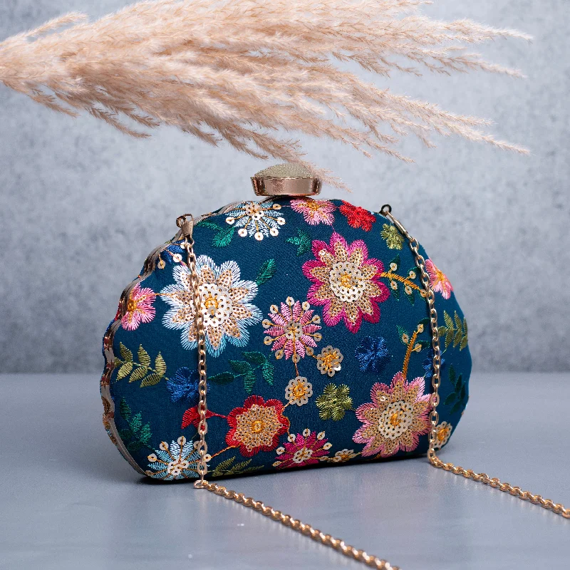 Clutch with a built - in mirror and compact for on - the - go touch - upsArtklim Blue Based Multicolored Floral Embroidery Clutch