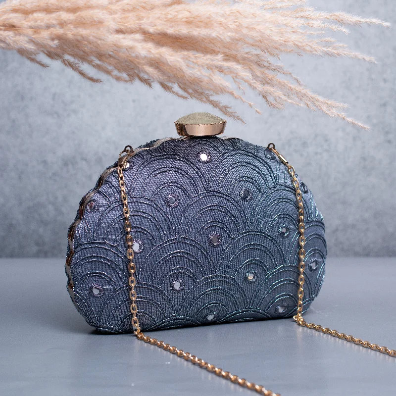 Fur - trimmed evening bag for a luxurious winter eventArtklim Grey Based Zari Work Embroidery Clutch