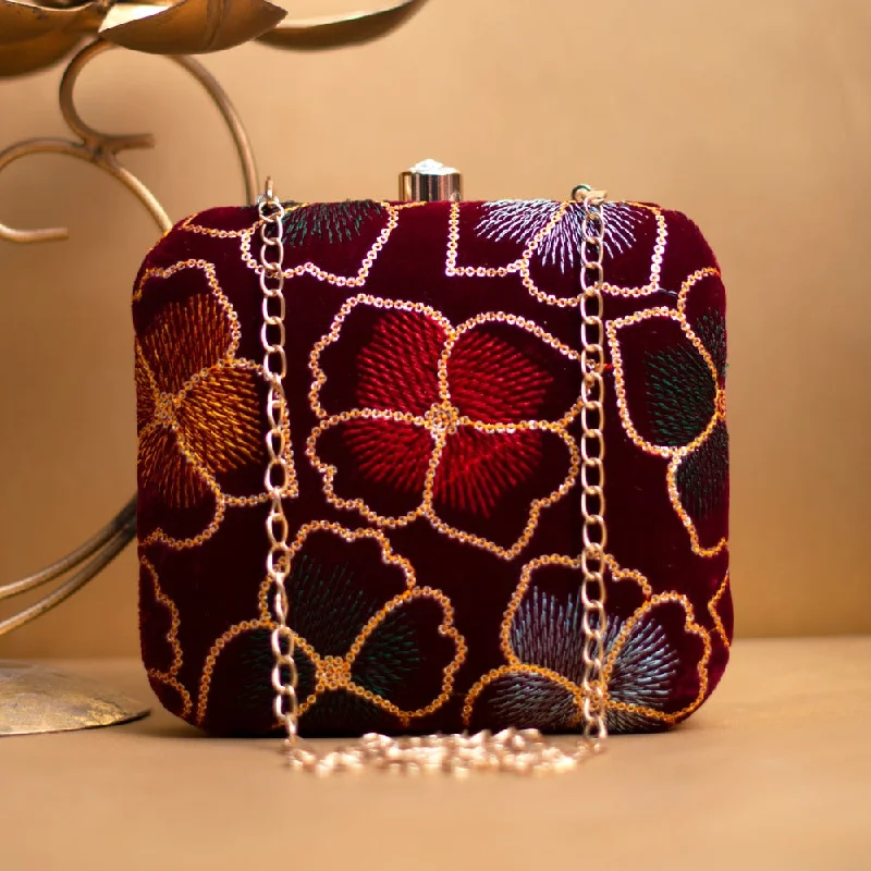 Clutch with a removable strap to be used as a hand - held or cross - bodyArtklim Maroon Flower Sequenced Embroidery Clutch