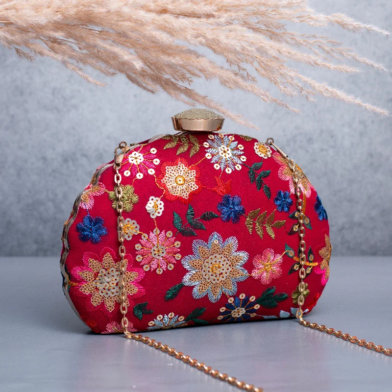 Monogrammed clutch as a personalized evening accessoryArtklim Red Based Multicolored Floral Embroidery Clutch