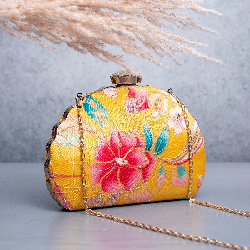 Floral - printed clutch for a spring or summer eveningArtklim Yellow Based Red Floral Printed Golden Zari Embroidery Clutch