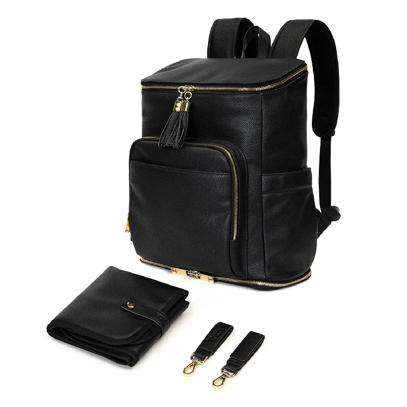 Backpack with multiple compartments, including a laptop sleeve for organizationThe Nappy Bag Backpack (Black / Gold)