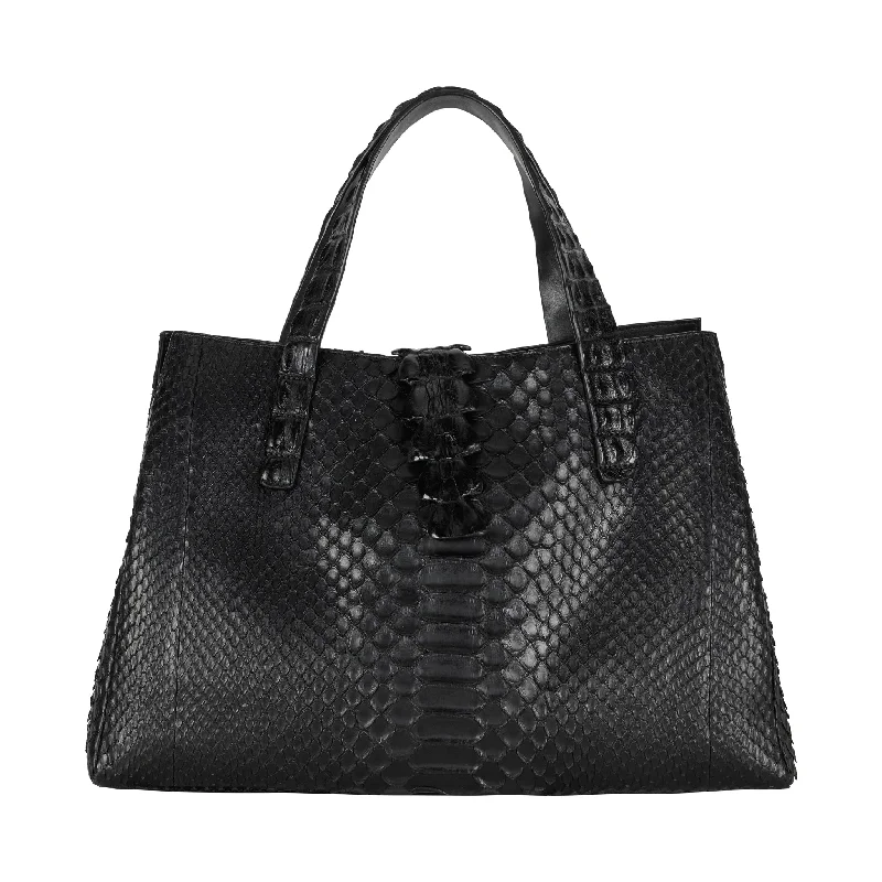 Women's genuine leather handle bag with a classic saddle shape and gold - tone hardwareCrocodile + Python Tote Bag - Black