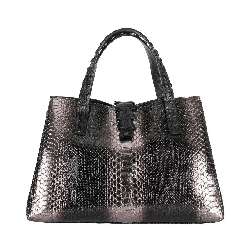 Metallic handle bag with a shimmery finish for glamorous evening eventsPython + Crocodile Tote Bag - Black Pewter