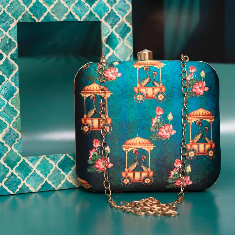 Miniature evening bag with a fold - over clasp for a compact optionBlue Aesthetic Printed Clutch