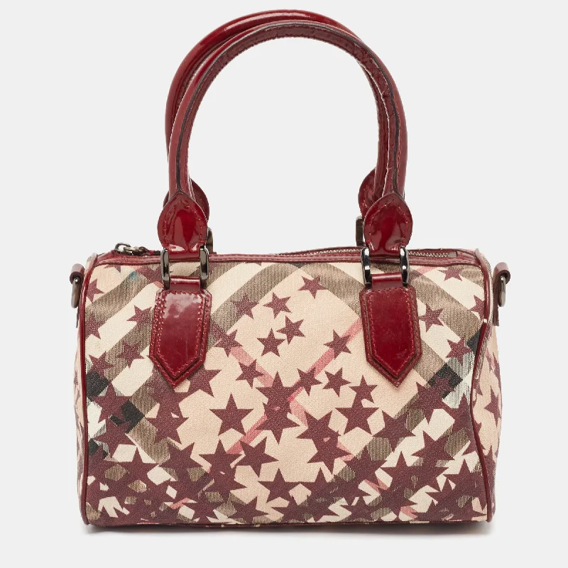 Silk satchel with a delicate paisley print for a feminine aestheticBurberry Burgundy/beige Star Print Supernova Check Coated Canvas And Patent Leather Chester Bag