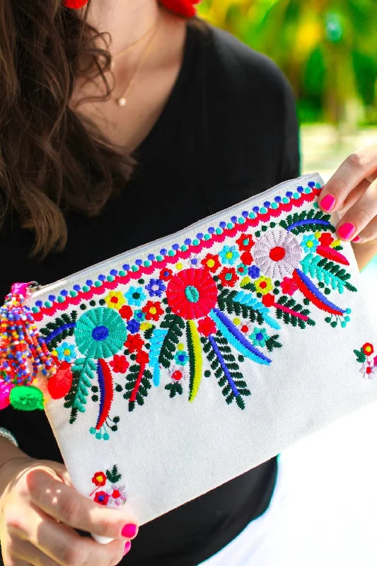 Crystal - encrusted clutch for a red - carpet eventCancun Embroidered Clutch In White/multi