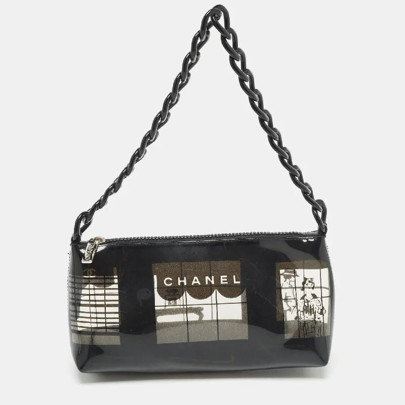 Metallic satchel with a shiny finish for evening eventsChanel Black Vinyl Maison Window Print Bag