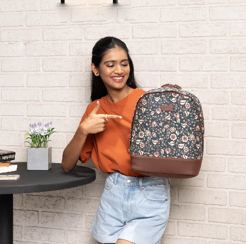 Embroidered backpack with detailed floral threadwork for a unique touchChittoor Blue Kalamkari Dome Daypack