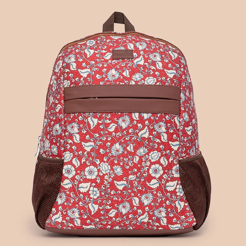 Leatherette backpack with a quilted texture and a magnetic snap closureChittoor Red Kalamkari Classic Backpack