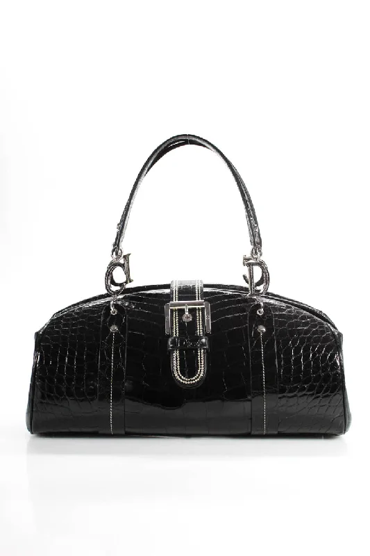 Laser-cut leather satchel with an intricate geometric designChristian Dior Crocodile Limited Edition Leather Satchel Handbag Black