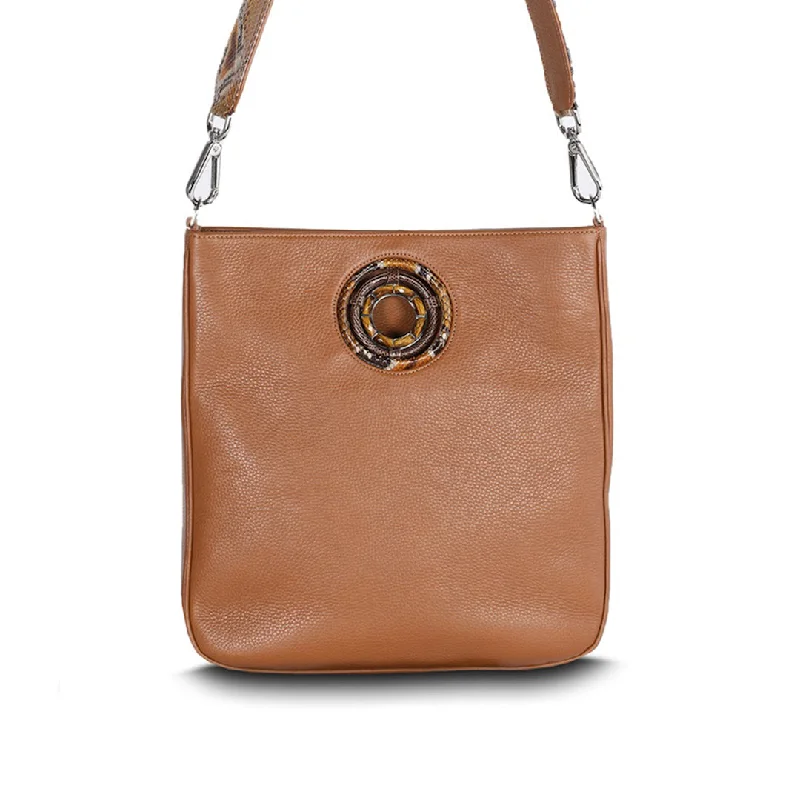 Canvas crossbody bag with a patchwork design for a casual and artsy feelCloe Jeweled Crossbody Tote - Cognac Leather, Tiger Eye