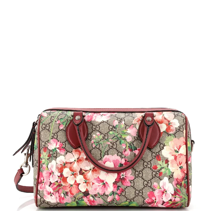 Silk satchel with a delicate paisley print for a feminine aestheticConvertible Boston Bag Blooms Print GG Coated Canvas Medium