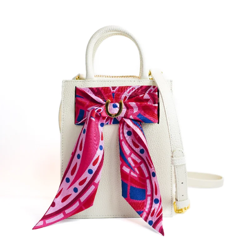 Handle bag with a detachable charm or keychain for personalizationLeather Mini Calista + Fuscia Paisley Twilly