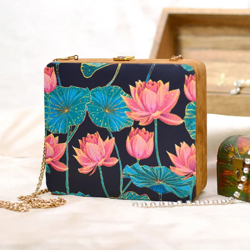 Patent leather clutch with a modern, minimalist designDark Lotus Printed MDF Clutch