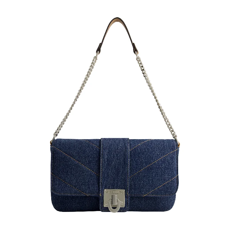 Silk - lined shoulder bag with a smooth interior for protecting belongingsDENIM BRASS HARDWARE FLAP