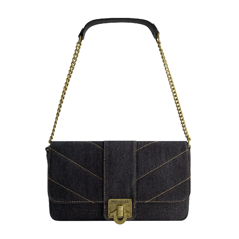 Metallic shoulder bag with a glittery finish for evening partiesDENIM BRASS HARDWARE FLAP