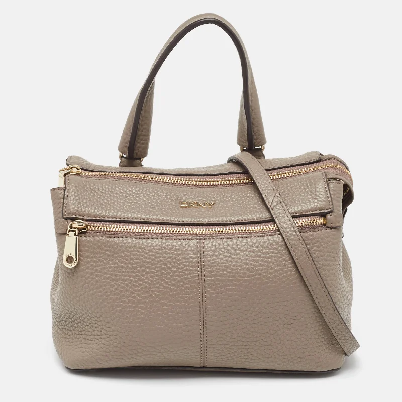 Vintage-inspired satchel with a brass buckle and leather tasselsDkny Grey Leather Front Zip Top Handle Bag