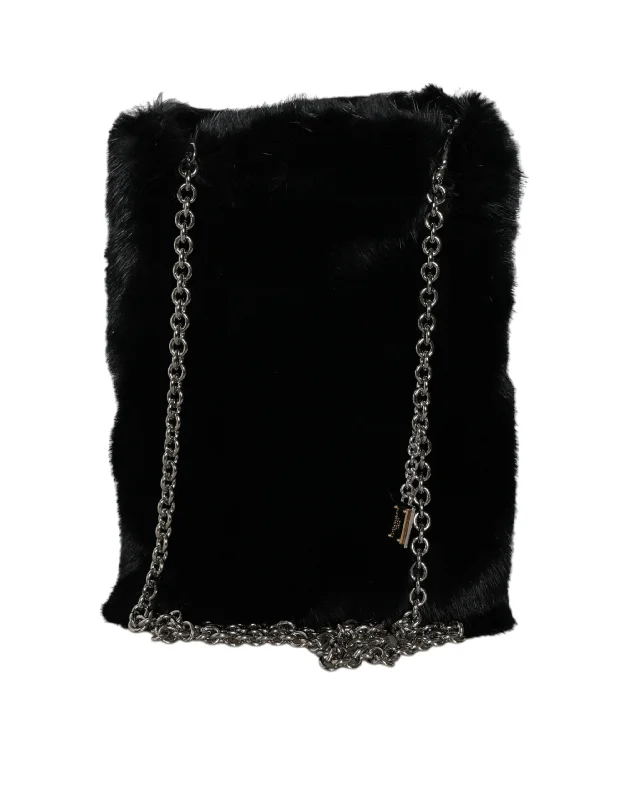 Embroidered crossbody bag with intricate beadwork for a unique touchDolce & Gabbana Black Faux Fur Silver Chain Crossbody Shoulder Purse Bag