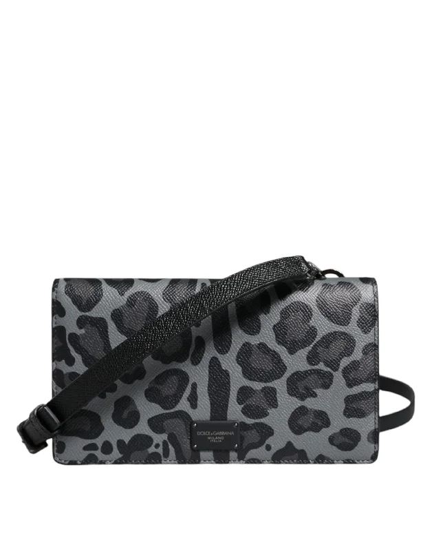 Mini crossbody bag with a chain strap for a trendy and compact lookDolce & Gabbana Black Gray Leopard Leather Bifold Card Slot Crossbody Bag