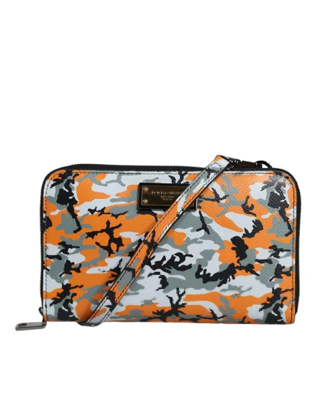 Crossbody bag with a magnetic snap closure for quick accessDolce & Gabbana Multicolor Camouflage Leather Purse Cross Body Bag