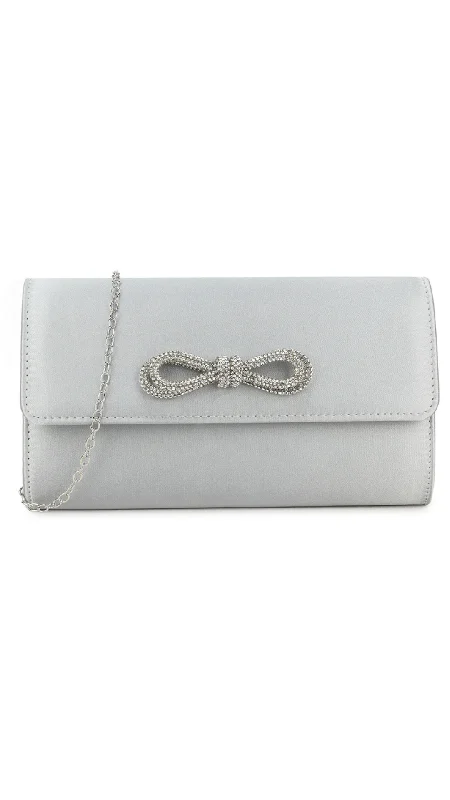 Women's satin clutch with a beaded flower accent for a glamorous eveningEllen Clutch- Satin Silver