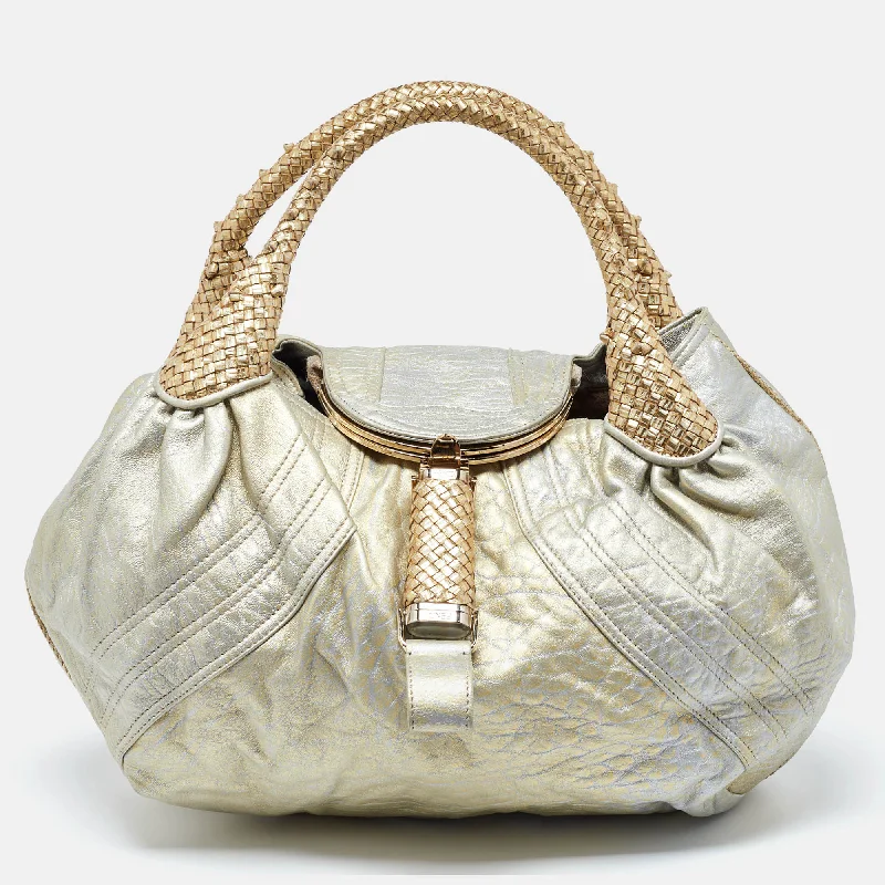 Satchel with a detachable strap for easy customizationFendi Metallic Gold Textured Leather Spy Hobo