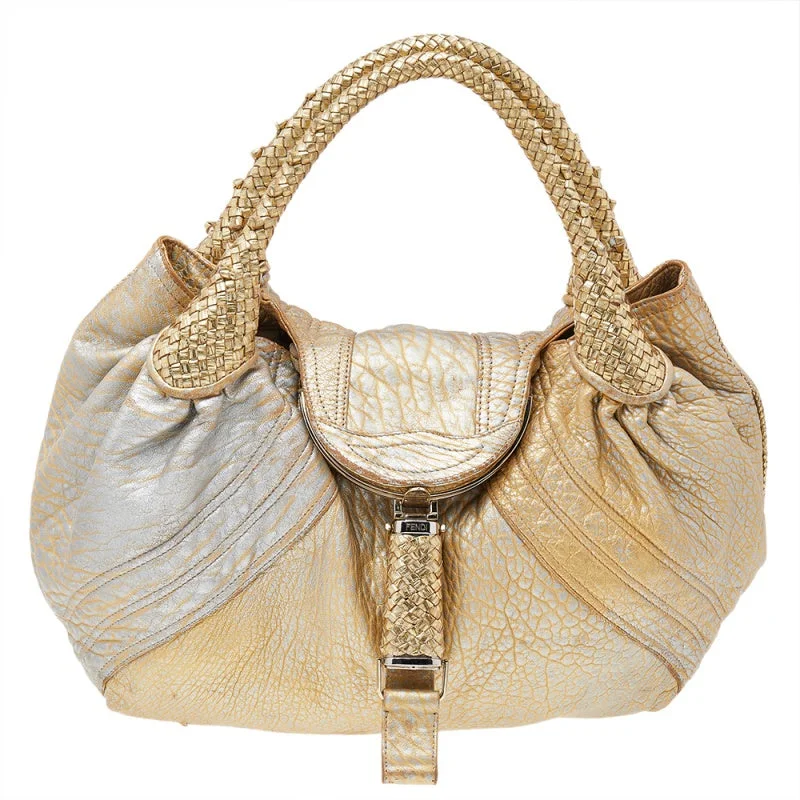 Metallic satchel with a shiny finish for evening eventsFendi Metallic  Leather Holographic Textured Spy Hobo