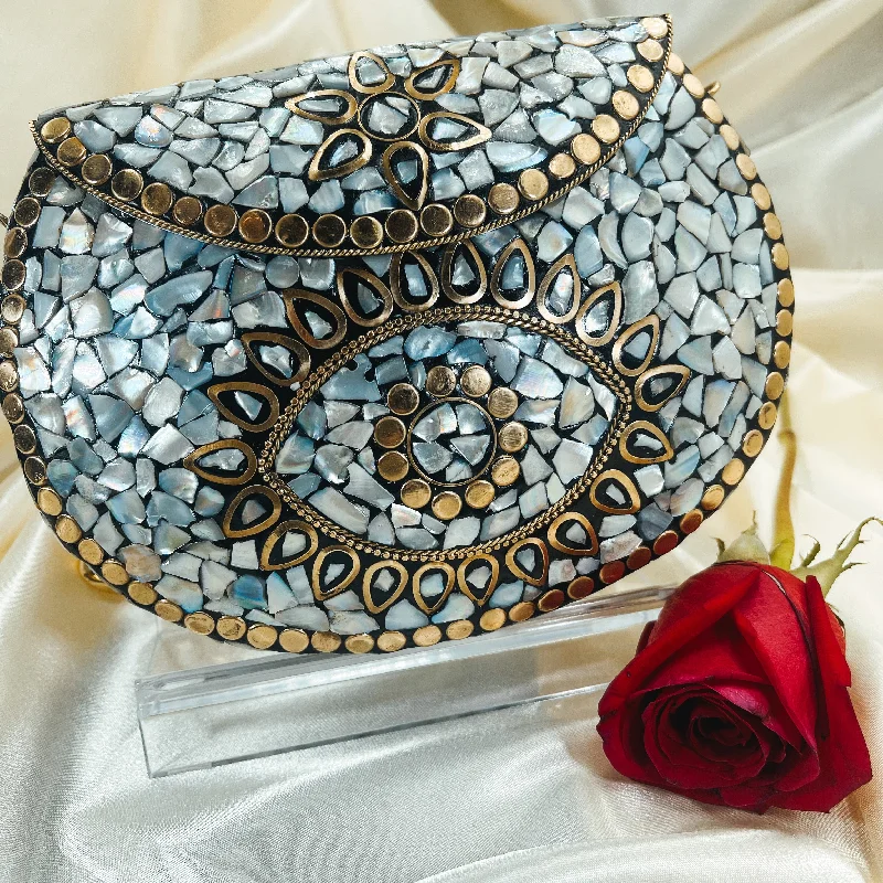 Clutch with a removable strap to be used as a hand - held or cross - bodyFIZA Mosaic Clutch (White)