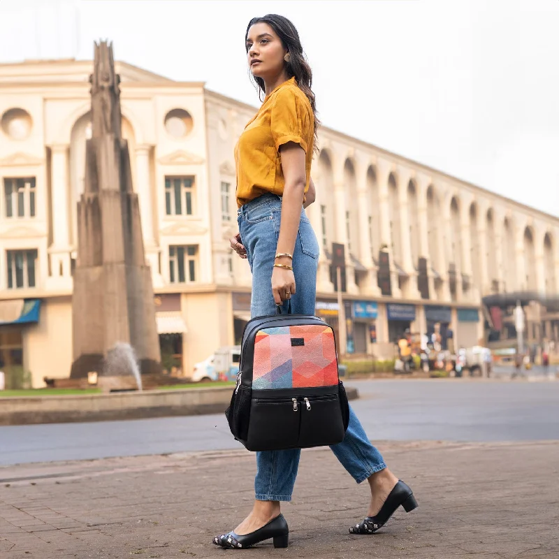 Leatherette backpack with a quilted texture and a magnetic snap closureGeoOptics Office Backpack