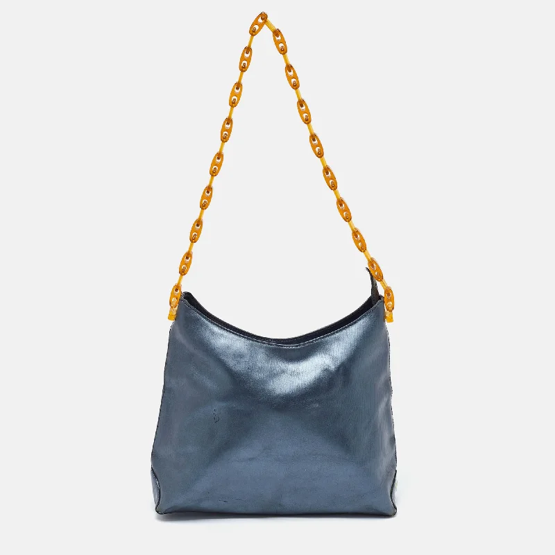 Satchel with multiple compartments and dividers for organizationGianfranco Ferre Metallic Blue Leather Chain Hobo