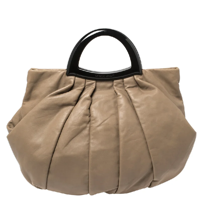 Plus-size satchel with a spacious interior for carrying all essentialsGiorgio Armani Taupe Leather Pleated Top Handle Bag