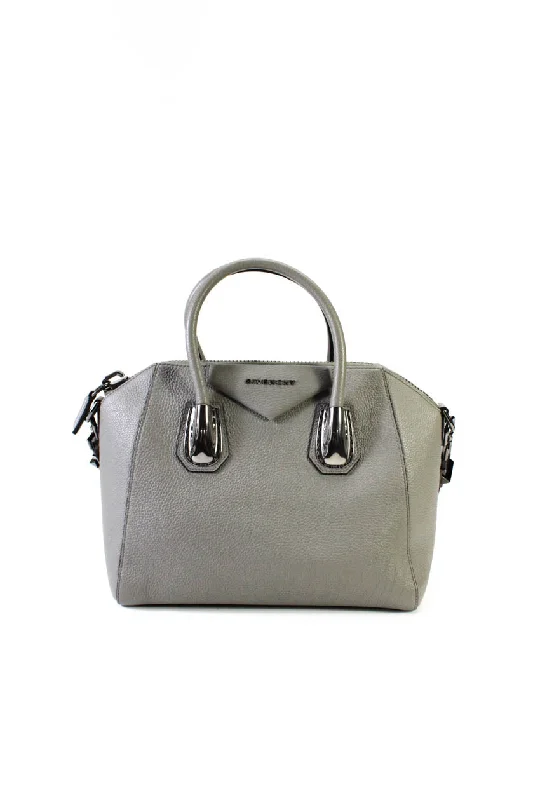 Women's leather satchel with a hand-stitched edge for a premium lookGivenchy Womens Leather Antigona Kenya Metal Medium Gray Satchel Handbag