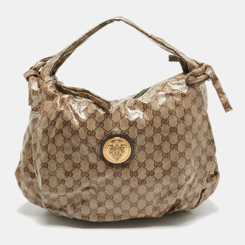 Canvas satchel with a colorful floral print for springtimeGucci Beige Gg Crystal Canvas Hysteria Hobo