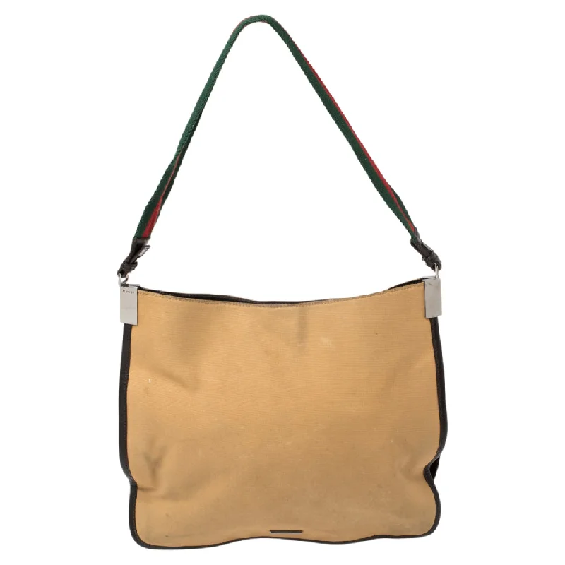 Satchel with multiple compartments and dividers for organizationGucci Khaki Canvas And Leather Trim Web Detail Hobo