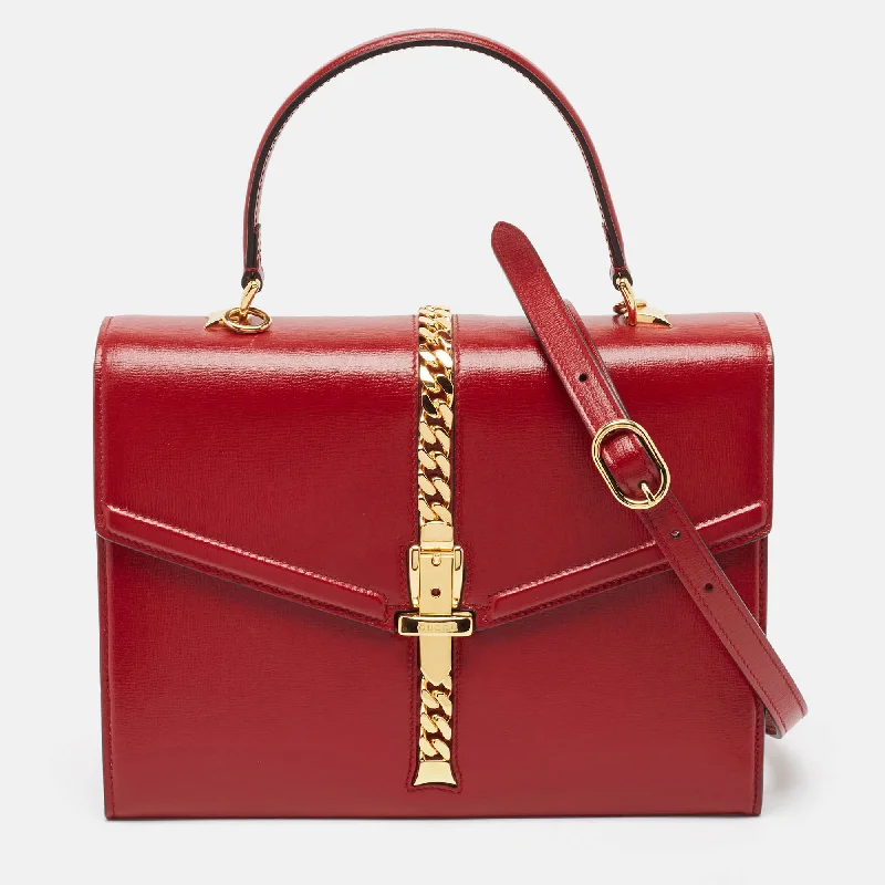 Satchel with a tassel or fringe detail for a bohemian feelGucci Red Leather Sylvie 1969 Top Handle Bag