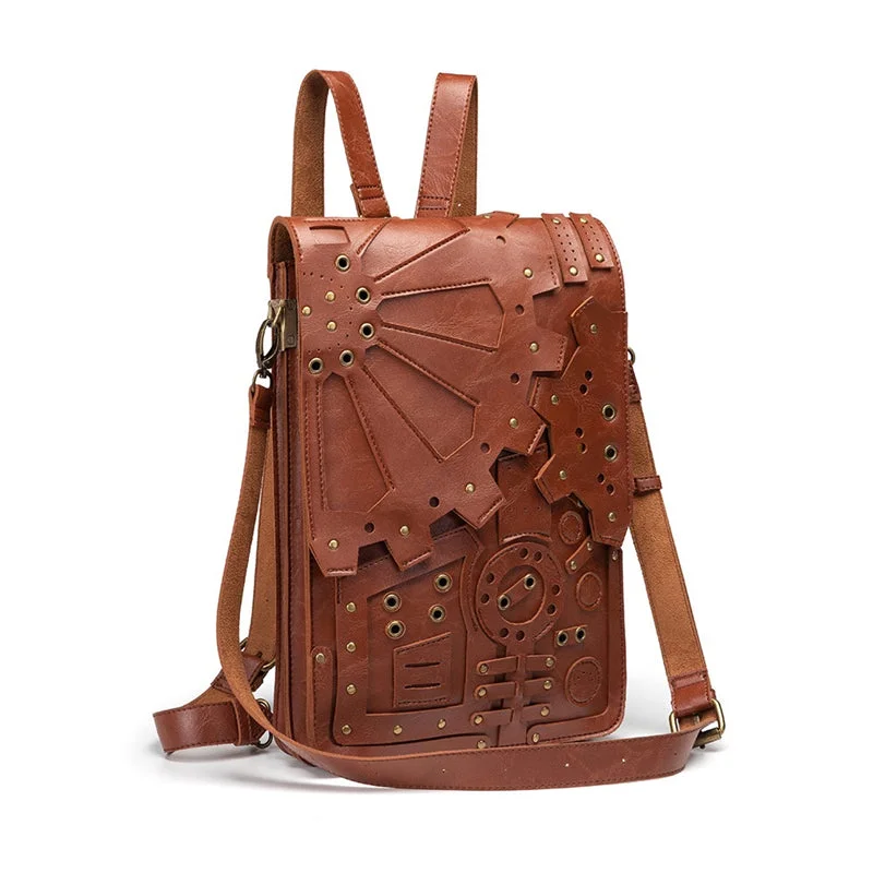 Women's silk - lined leather makeup bags with multiple compartmentsHot Sale Fashion Retro Style Wheel Gear Decoration Leather Backpack  2 in 1 Steampunk Shoulder Bag Leather Backpacks