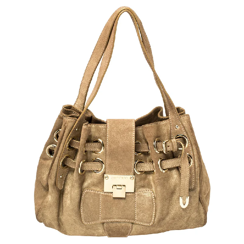 Satchel with multiple compartments and dividers for organizationJimmy Choo Gold Shimmer Suede Ramona Shoulder Bag