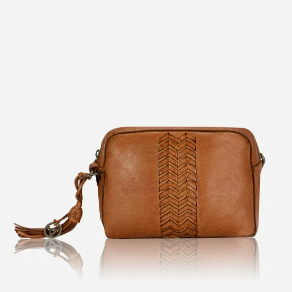 Women's leather crossbody bag with a tassel charm for a bohemian styleKate Small Leather Crossbody Bag, Tan