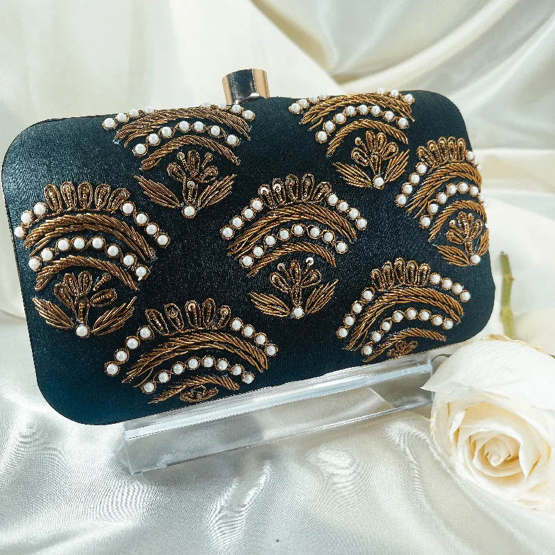 Women's satin clutch with a beaded flower accent for a glamorous eveningKIARA Clutch (Black)