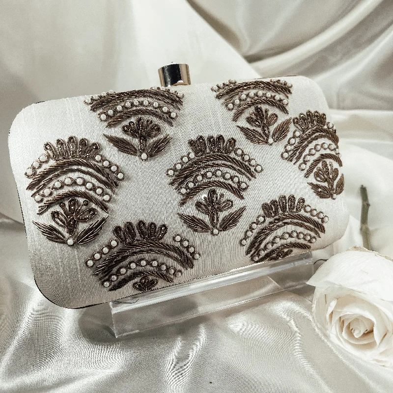 Women's satin clutch with a beaded flower accent for a glamorous eveningKIARA Clutch (Ivory)