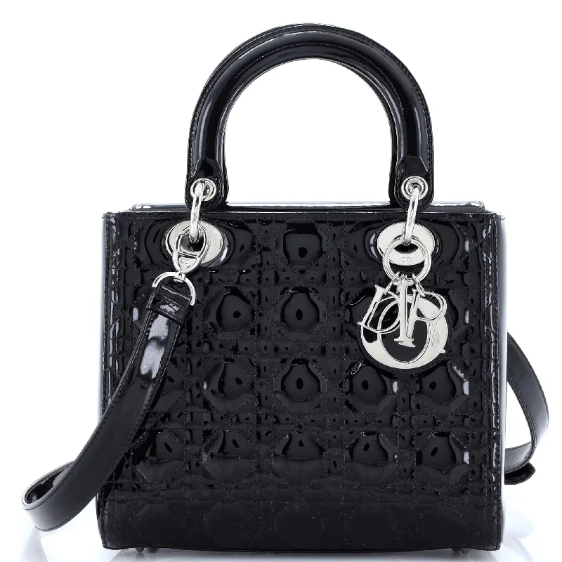 Laser-cut leather satchel with an intricate geometric designLady Dior NM Bag Cannage Quilt Patent Medium