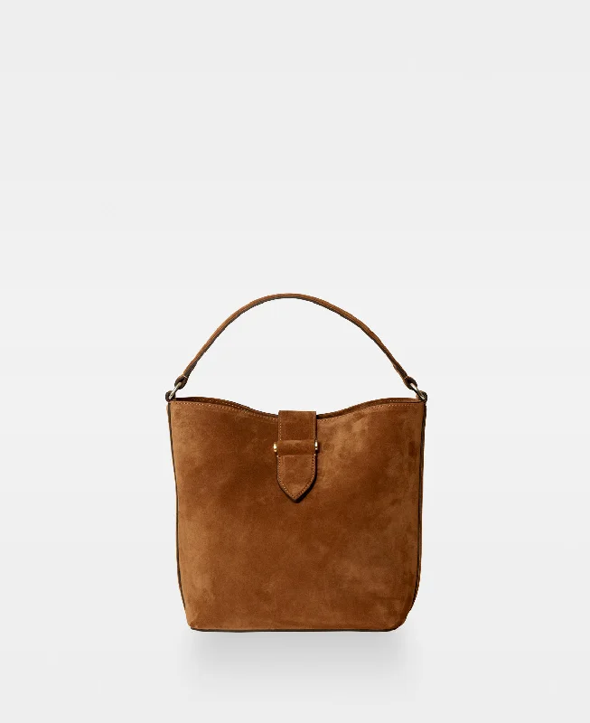 Handle bag with multiple interior compartments and a zippered pocket for organizationLEXIE small bucket bag - Suede Cognac