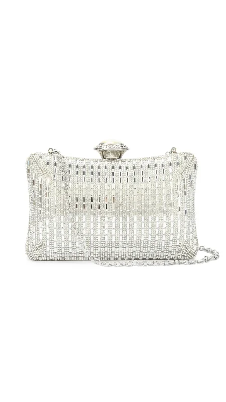 Women's satin clutch with a beaded flower accent for a glamorous eveningLisa Clutch- Silver