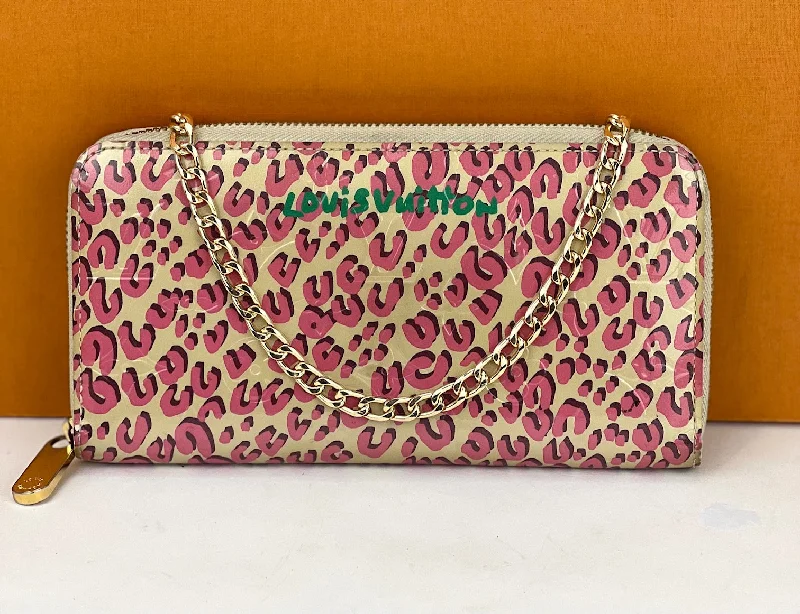 Women's satin clutch with a beaded flower accent for a glamorous eveningLouis Vuitton Wallet Zippy Stephan Sprouse Vernis Leopard W/Added Chain Crossbody Pre owned