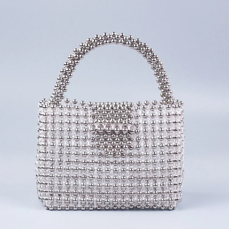 Women's metallic leather clutch bags for glamorous eveningsLuxury Fashion Women's Handmade Banquet Party Shoulder Bucket Pearl Bag Female Wedding Ladies Clear Beaded Tote Handbag