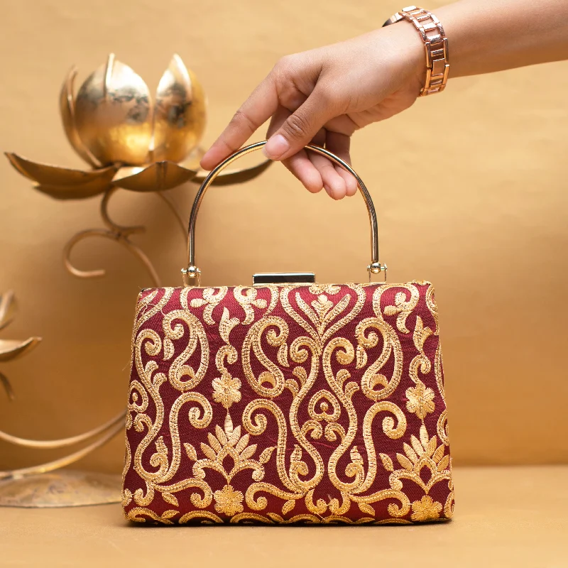 Floral - printed clutch for a spring or summer eveningMaroon And Golden Multipattern Embroidery Clutch