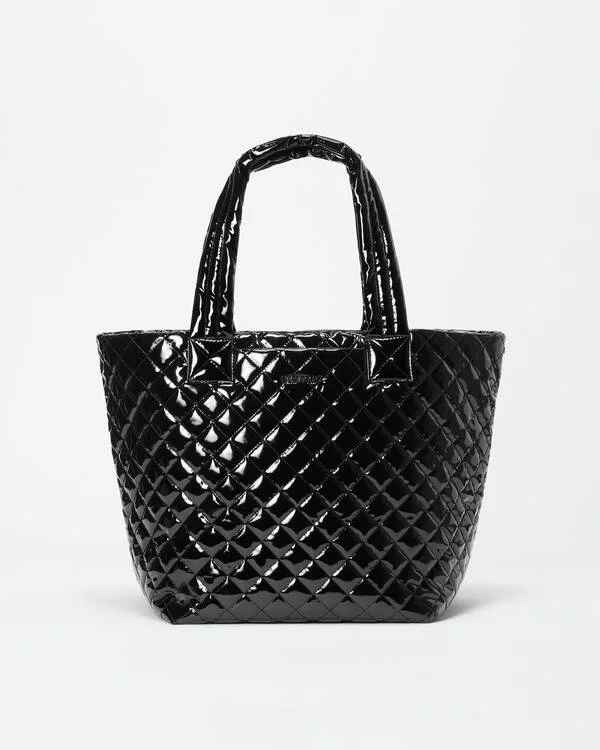 Laser - cut leather handle bag with a geometric pattern for a modern and edgy lookMetro Tote Deluxe Medium Black Lacquer II