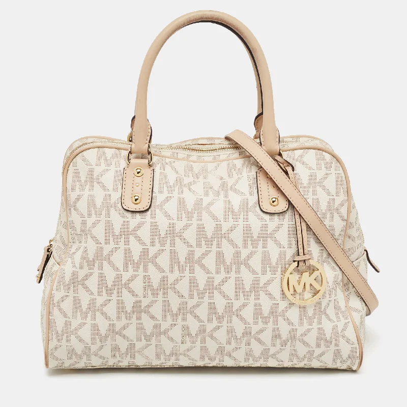 Leatherette satchel with a quilted pattern for a sophisticated styleMichael Kors Beige/white Signature Coated Canvas And Leather Charm Satchel