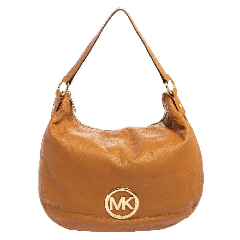 Embroidered satchel with intricate beadwork for a unique touchMichael Michael Kors Caramel Leather Logo Zip Hobo